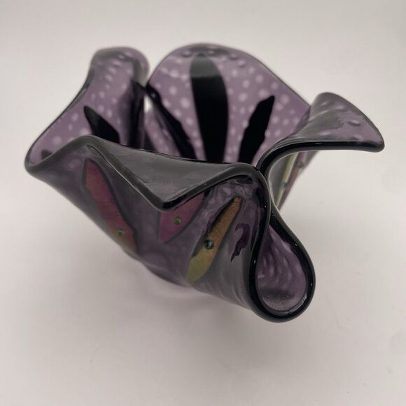 Art Glass Iridescent Dichroic Purple Folded HANDKERCHIEF Vase Bowl Studio Beaded - Picture 6 of 12